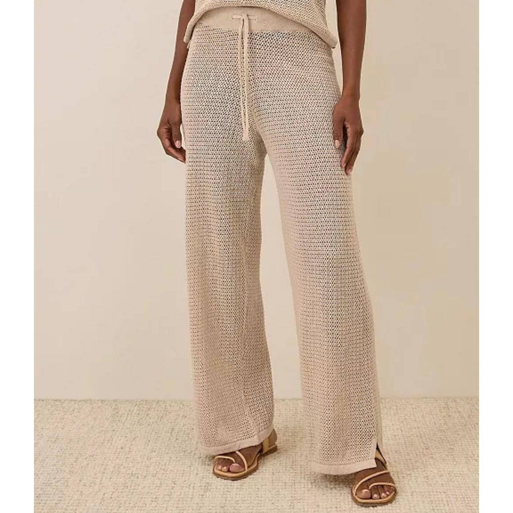 PACT Beachside Crochet Knit Pants M Organic Cotton Linen Wide Leg Cover Up Beige
